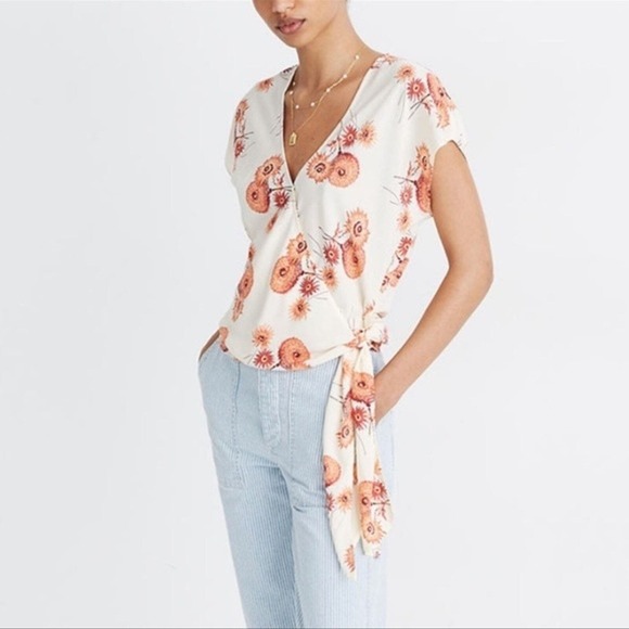 Madewell Shirt Womens Small Cream Orange Sash Tie Wrap Top Dutch Dandelion Print - Picture 9 of 10